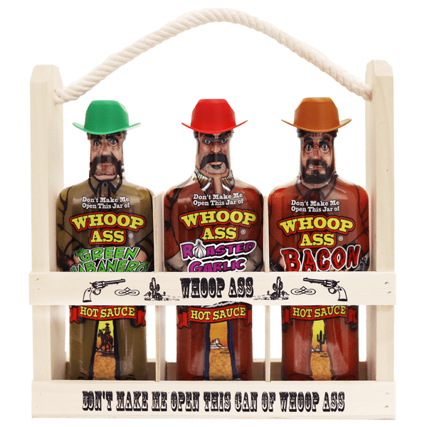 Whoop ass hot sauce wooden crate gift set