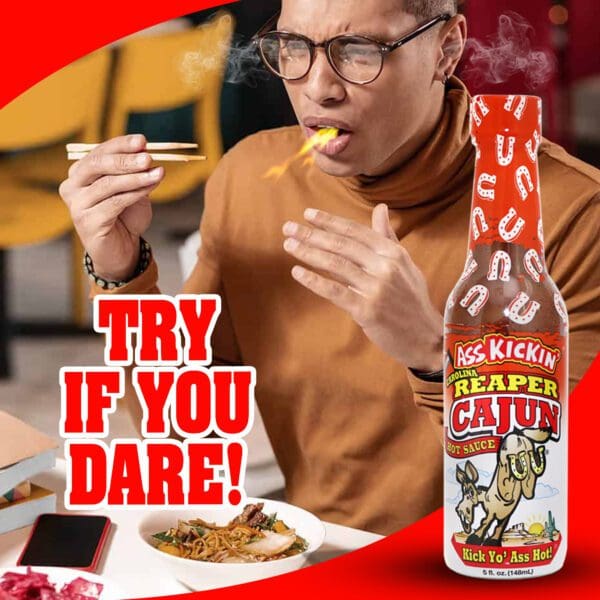 A man having Cajun Reaper Hot Sauce